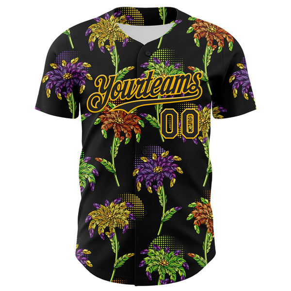Custom Black Gold 3D Pattern Design Mardi Gras Shrove Tuesday Authentic Baseball Jersey alternate