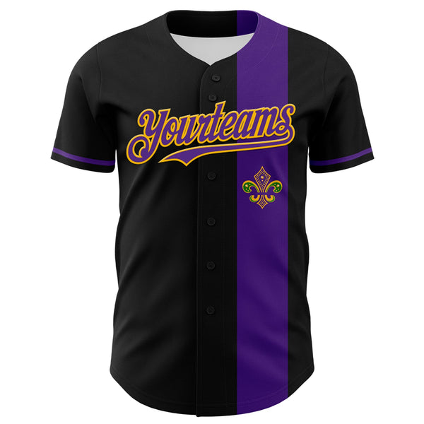 Custom Black Purple-Gold 3D Pattern Design Mardi Gras Shrove Tuesday Authentic Baseball Jersey alternate