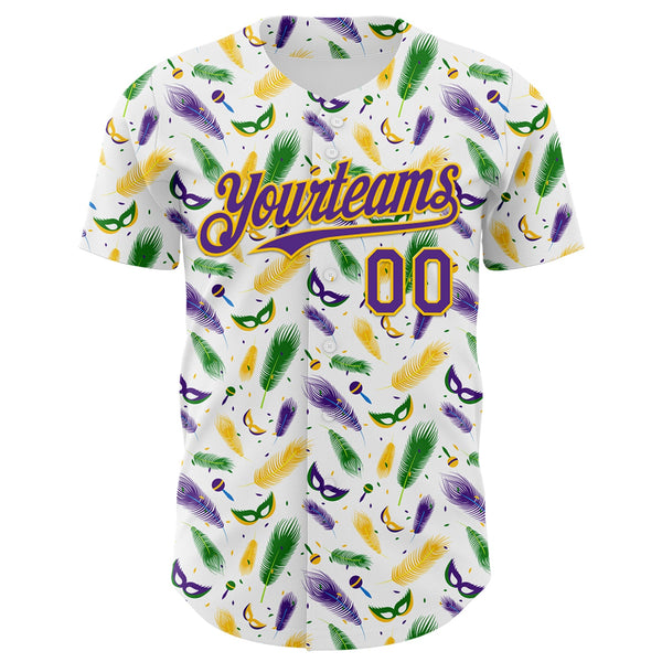 Custom White Purple-Yellow 3D Pattern Design Mardi Gras Shrove Tuesday Authentic Baseball Jersey alt