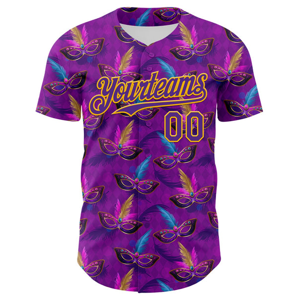 Custom Purple Gold 3D Pattern Design Mardi Gras Shrove Tuesday Authentic Baseball Jersey alternate