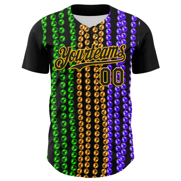 Custom Black Gold 3D Pattern Design Mardi Gras Shrove Tuesday Authentic Baseball Jersey alternate