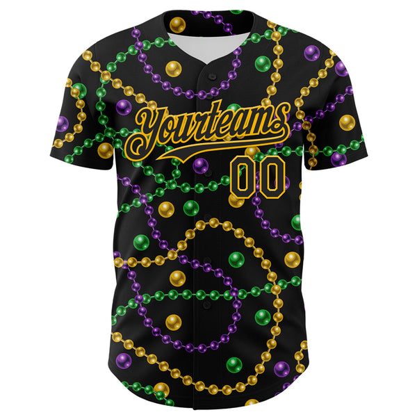 Custom Black Gold 3D Pattern Design Mardi Gras Shrove Tuesday Authentic Baseball Jersey alternate