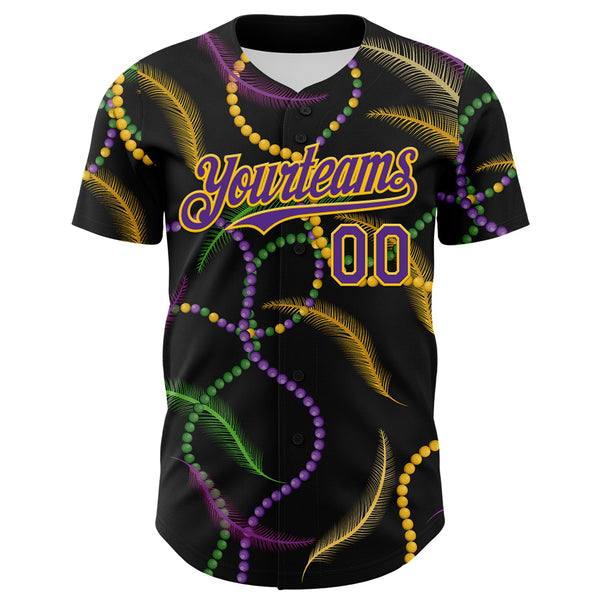 Custom Black Purple-Gold 3D Pattern Design Mardi Gras Shrove Tuesday Authentic Baseball Jersey alternate