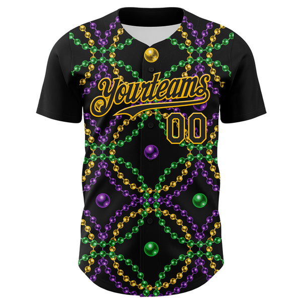 Custom Black Gold 3D Pattern Design Mardi Gras Shrove Tuesday Authentic Baseball Jersey alternate