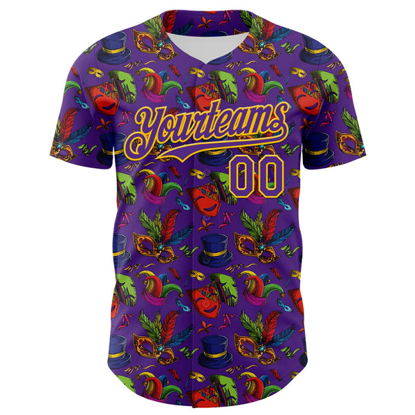 Custom Purple Gold 3D Pattern Design Mardi Gras Shrove Tuesday Authentic Baseball Jersey alternate