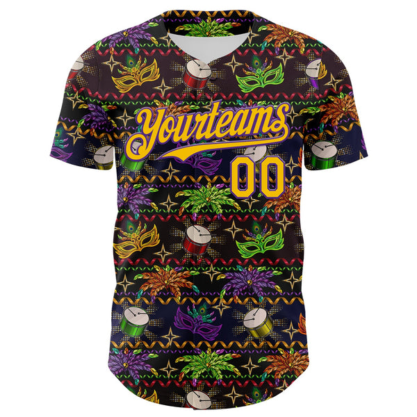 Custom Black Gold-Purple 3D Pattern Design Mardi Gras Shrove Tuesday Authentic Baseball Jersey alternate