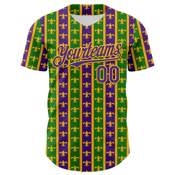 Custom Green Purple-Gold 3D Pattern Design Mardi Gras Shrove Tuesday Authentic Baseball Jersey alternate