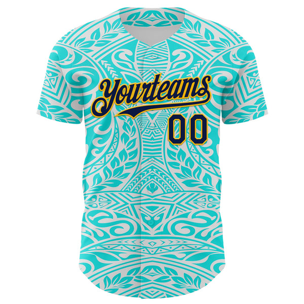 Custom Ice Blue Navy-Gold 3D Pattern Design Burner Costumes Tribal Tattoo Authentic Baseball Jersey alternate
