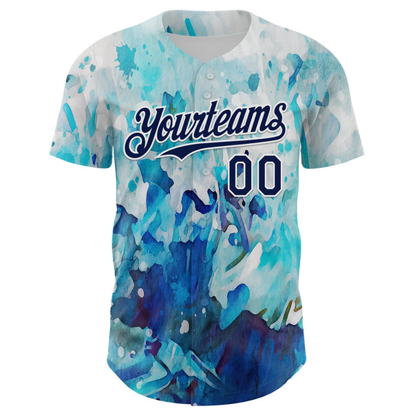 Custom White Navy 3D Pattern Design Burner Costumes Watercolor Paint Authentic Baseball Jersey alternate
