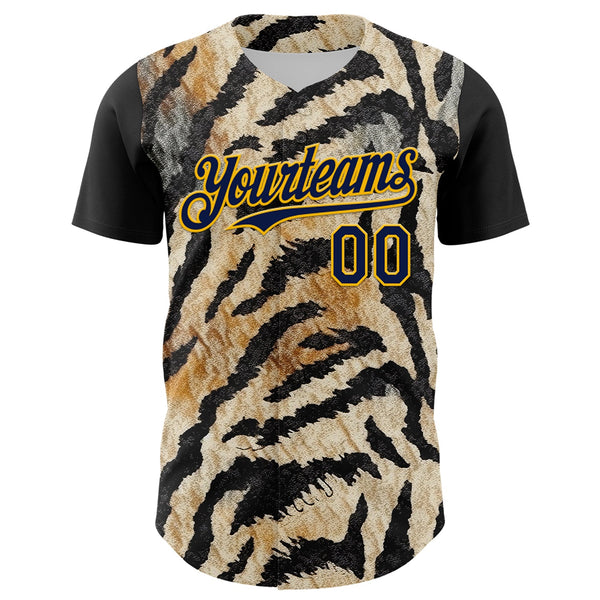 Custom Black Navy-Gold 3D Pattern Design Burner Costumes Tiger Print Authentic Baseball Jersey alternate
