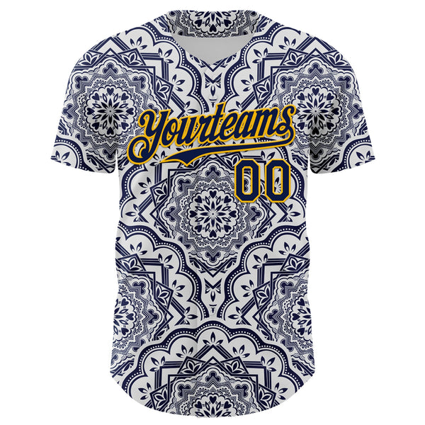 Custom Navy Gold 3D Pattern Design Burner Costumes Damask Authentic Baseball Jersey alternate