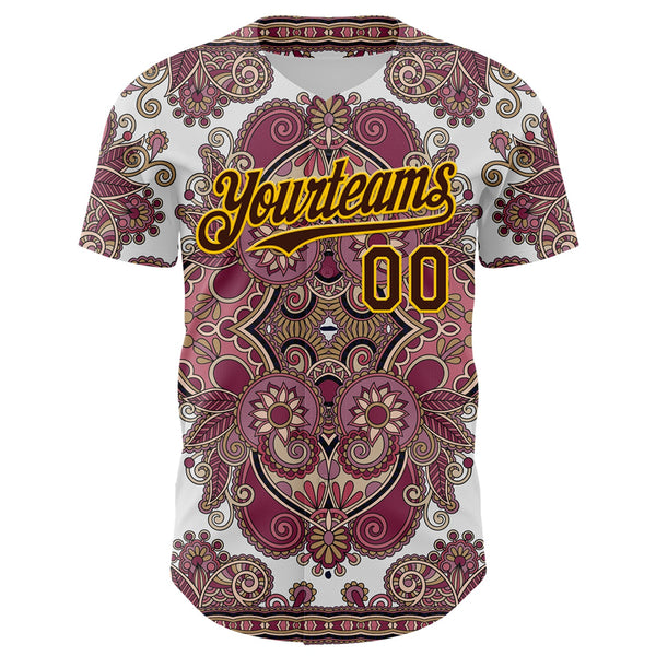 Custom White Brown Red-Yellow 3D Pattern Design Burner Costumes Exotic Authentic Baseball Jersey alternate