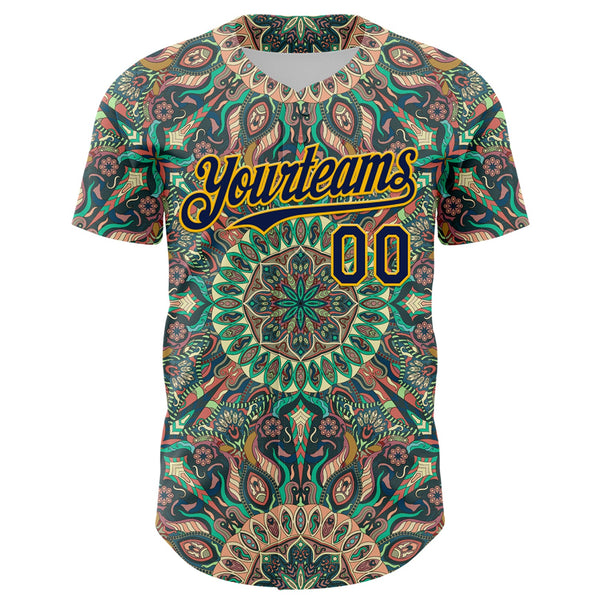 Custom Green Navy-Gold 3D Pattern Design Burner Costumes Psychedelic Authentic Baseball Jersey alternate
