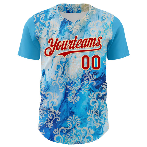 Custom Sky Blue Red-Cream 3D Pattern Design Burner Costumes Paisley Bandana Authentic Baseball Jersey alternate