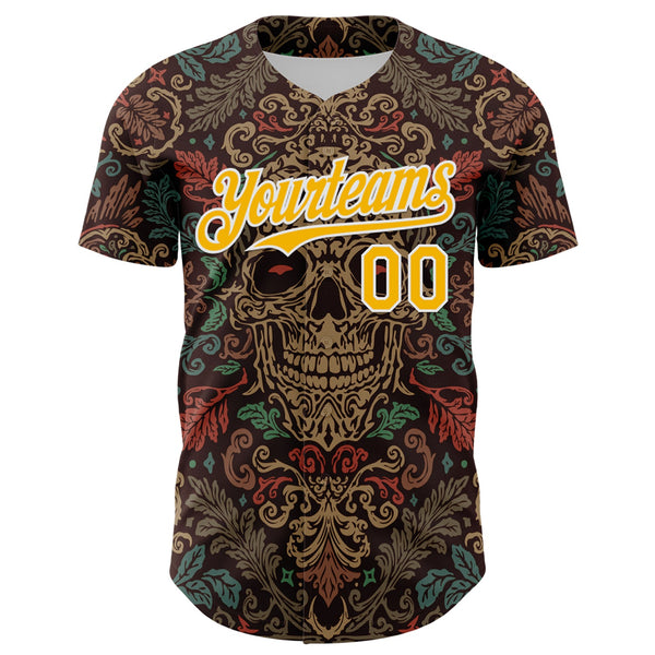 Custom Brown Gold-White 3D Pattern Design Burner Costumes Skull Floral Authentic Baseball Jersey alternate