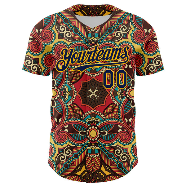 Custom Red Navy-Gold 3D Pattern Design Burner Costumes Exotic Authentic Baseball Jersey alternate