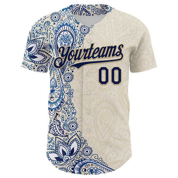 Custom Cream Navy Royal-Vegas Gold 3D Pattern Design Burner Costumes Paisley Authentic Baseball Jersey alternate