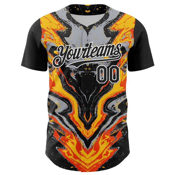 Custom Black Gray Orange Yellow-White 3D Pattern Design Rave Party Marble Lava Authentic Baseball Jersey alternate