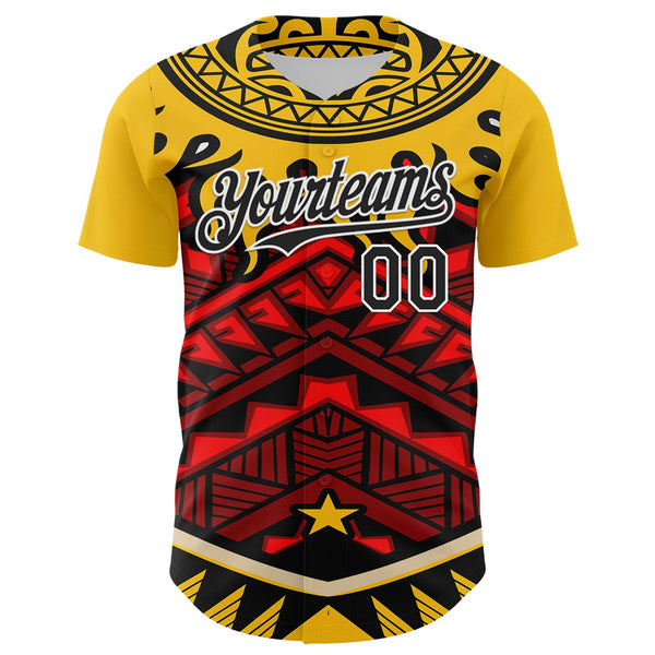 Custom Yellow Black Red-White 3D Pattern Design Rave Party Tribal Authentic Baseball Jersey alternate