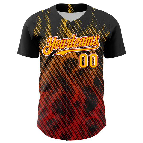 Custom Black Yellow Red-White 3D Pattern Design Rave Party Flame Authentic Baseball Jersey alternate