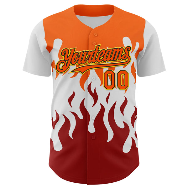 Custom White Orange Red Black-Yellow 3D Pattern Design Rave Party Flame Authentic Baseball Jersey alternate
