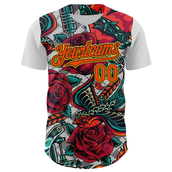 Custom White Orange Black-Yellow 3D Pattern Design Rave Party Roses Vintage Tattoos Authentic Baseball Jersey alternate