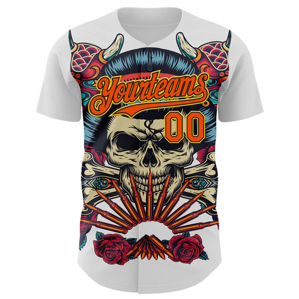 Custom White Orange Black-Yellow 3D Pattern Design Rave Party Vintage Geisha Skull Authentic Baseball Jersey alternate
