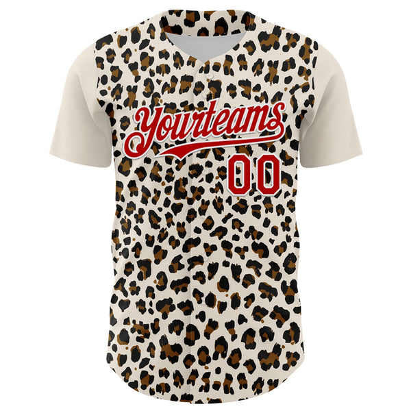 Custom Cream Red-White 3D Pattern Design Rave Party Animal Leopard Print Authentic Baseball Jersey alternate