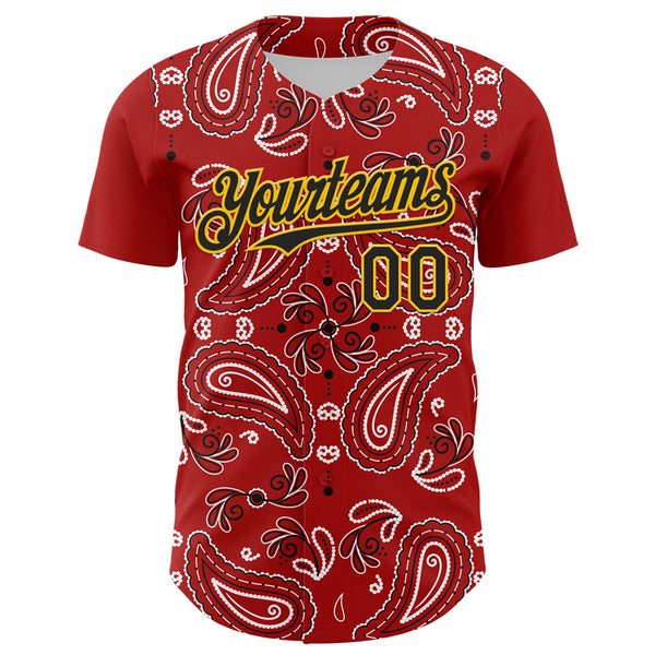 Custom Red Black-Gold 3D Pattern Design Rave Party Paisley Bandana Authentic Baseball Jersey alternate
