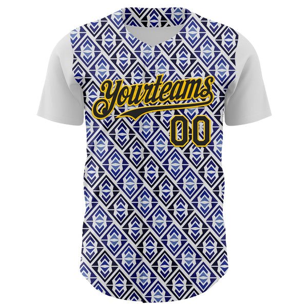 Custom White Black Royal-Gold 3D Pattern Design Rave Party Monogram Geometric Shape Authentic Baseball Jersey alternate