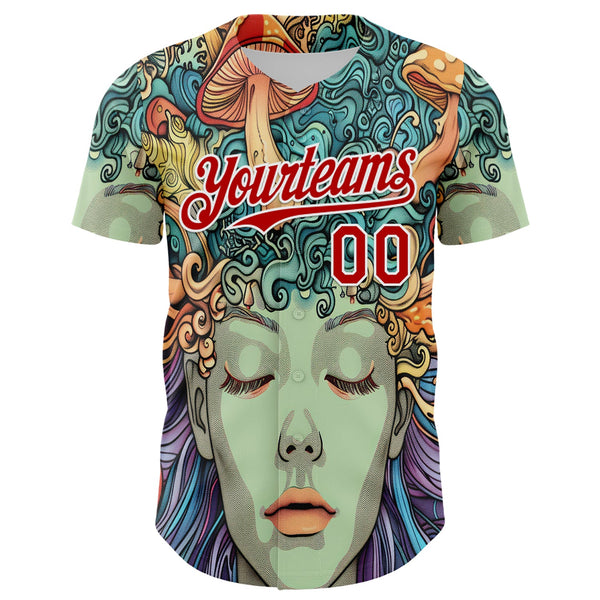 Custom Green Red-White 3D Pattern Design Rave Party Trippy Magic Mushroom Authentic Baseball Jersey alternate