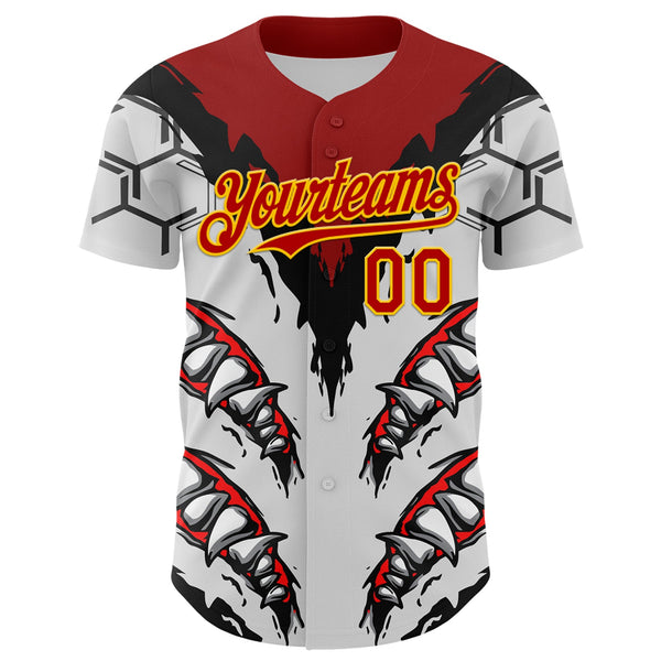 Custom White Red-Yellow 3D Pattern Design Burner Costumes Shark Teeth Authentic Baseball Jersey alternate
