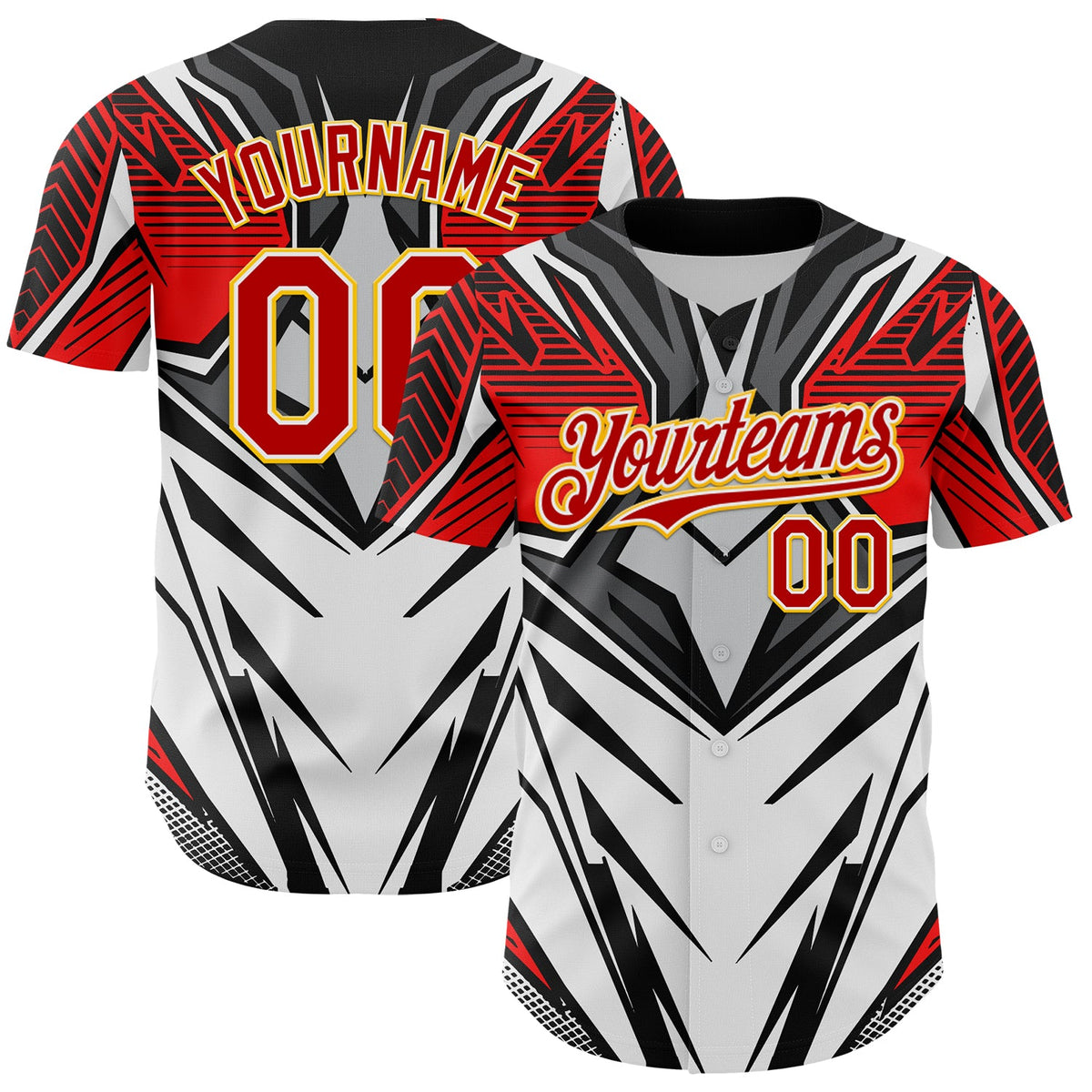 Custom White Red Black-Yellow 3D Pattern Design Burner Costumes Cyber Punk Authentic Baseball Jersey
