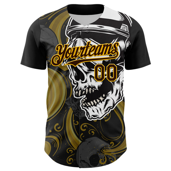 Custom Black Brown Yellow-White 3D Pattern Design Burner Costumes Skull Authentic Baseball Jersey alternate