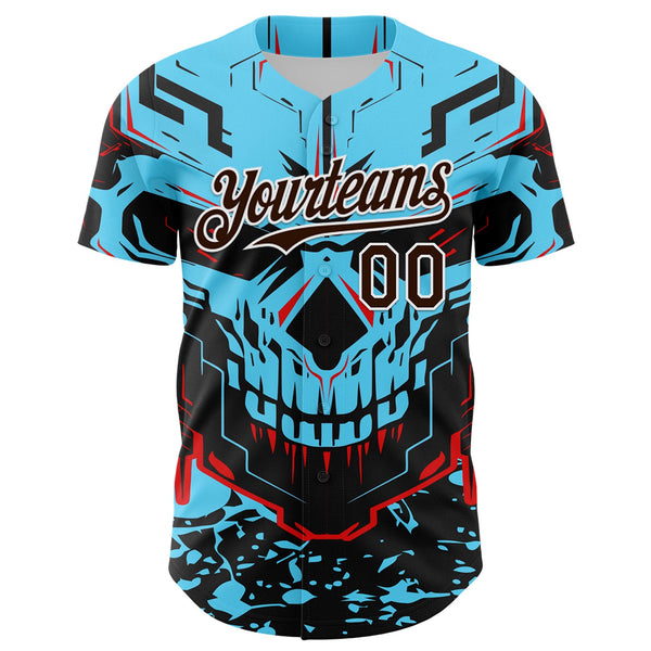Custom Blue Brown-White 3D Pattern Design Burner Costumes Cyber Skull Authentic Baseball Jersey alternate