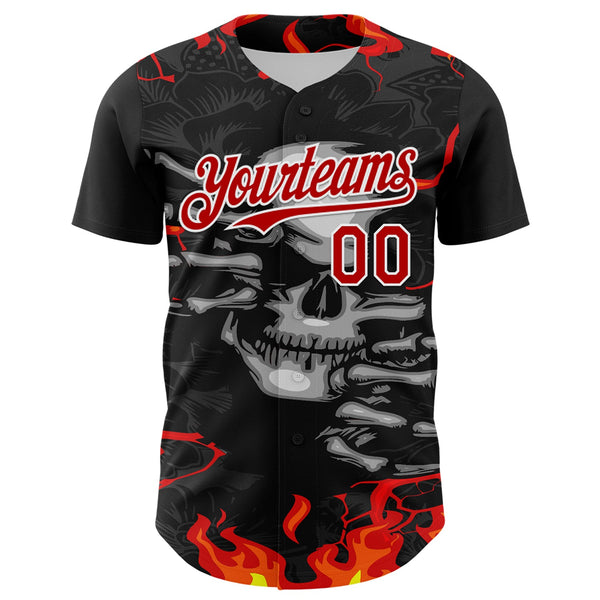 Custom Black Red-White 3D Pattern Design Burner Costumes Hellfire Skull Authentic Baseball Jersey alternate