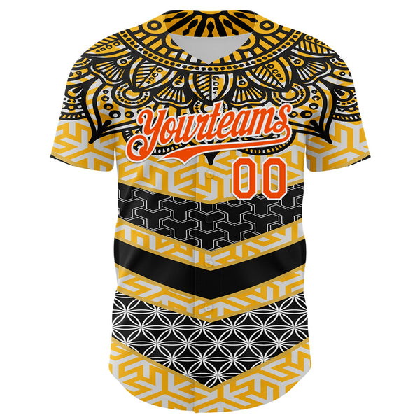 Custom Yellow Orange Black-White 3D Pattern Design Burner Costumes Tribal Authentic Baseball Jersey alternate