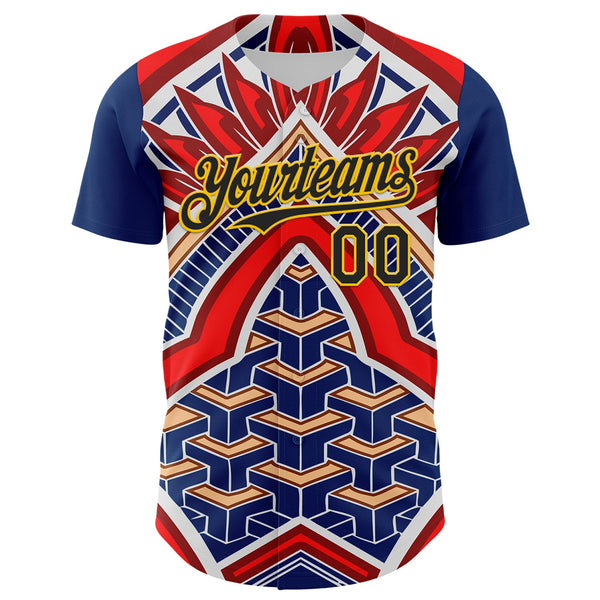 Custom Blue Black Red-Yellow 3D Pattern Design Burner Costumes Tribal Authentic Baseball Jersey alternate