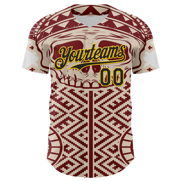 Custom Cream Black Red-Yellow 3D Pattern Design Burner Costumes Tribal Skull Authentic Baseball Jersey alternate