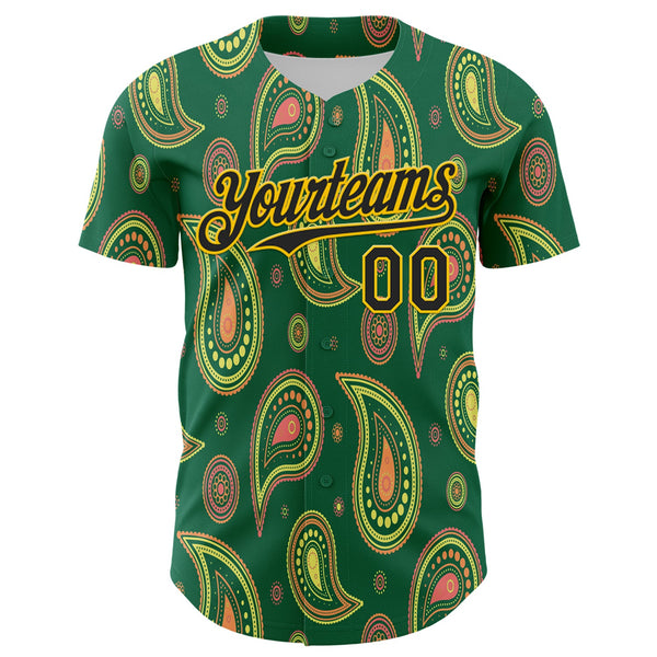 Custom Kelly Green Black-Yellow 3D Pattern Design Burner Costumes Paisley Bandana Authentic Baseball Jersey alternate