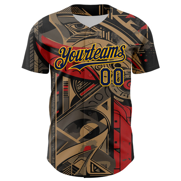 Custom Black Navy-Yellow 3D Pattern Design Burner Costumes Abstract Shape Authentic Baseball Jersey alternate