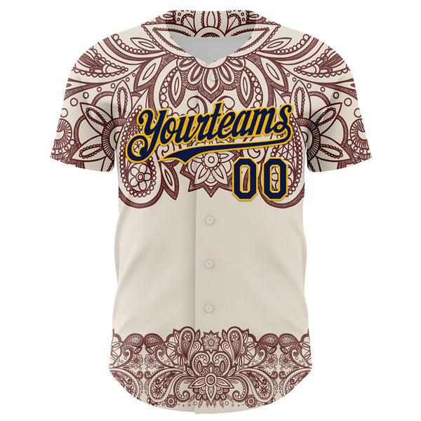 Custom Cream Navy Red-Yellow 3D Pattern Design Burner Costumes Paisley Bandana Authentic Baseball Jersey alternate