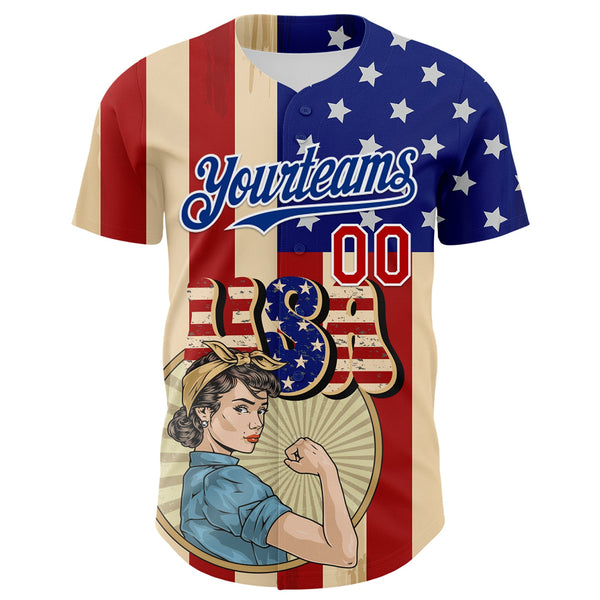 Custom Cream Red Royal-White 3D Retro American Flag Authentic Baseball Jersey alternate