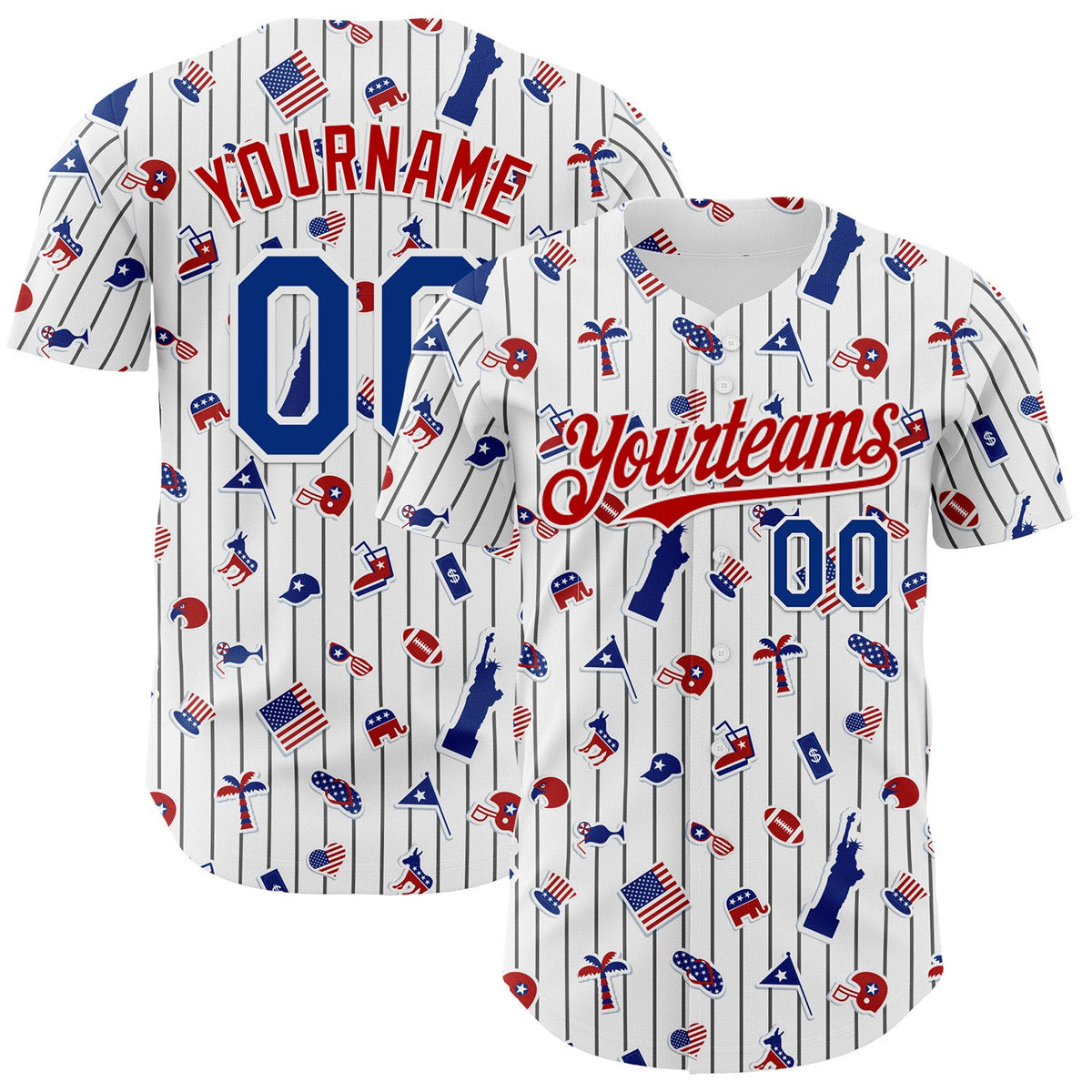 Custom White Black Pinstripe Royal-Red 3D American Flag National Symbols Authentic Baseball Jersey