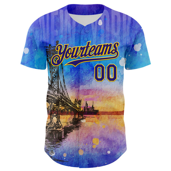 Custom Blue Dark Purple-Gold 3D Pattern Design Manhattan Bridge New York Sunset Authentic Baseball Jersey alternate