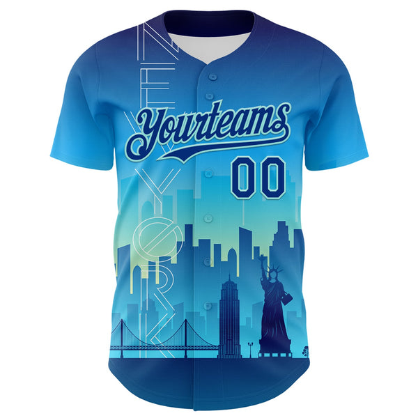 Custom Blue Royal-Ice Blue 3D Pattern Design New York Cityscape Statue Of Liberty Authentic Baseball Jersey alternate