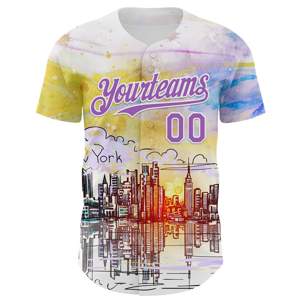 Custom White Medium Purple 3D Pattern Design New York Cityscape Sunrise Authentic Baseball Jersey alternate