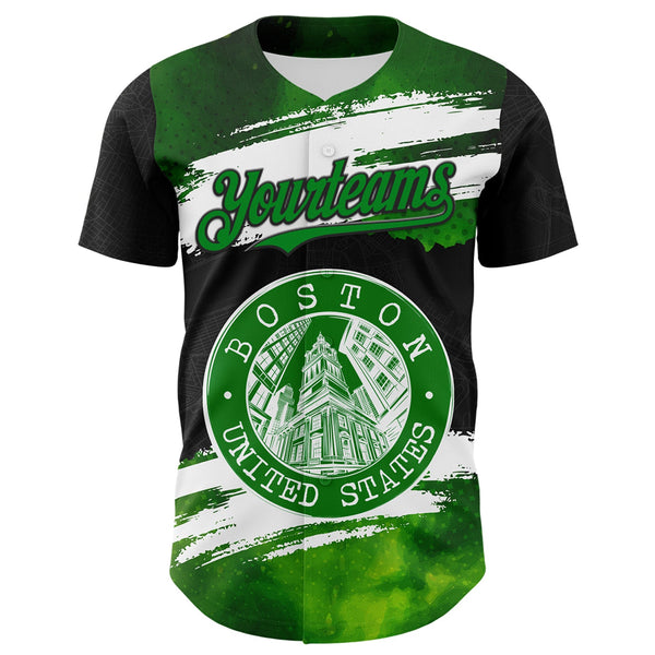 Custom Black Grass Green-White 3D Pattern Design Boston Cityscape Stamp Authentic Baseball Jersey alternate