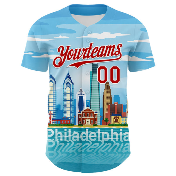 Custom Blue Red-White 3D Pattern Design Philadelphia Cityscape Skyline Authentic Baseball Jersey alternate