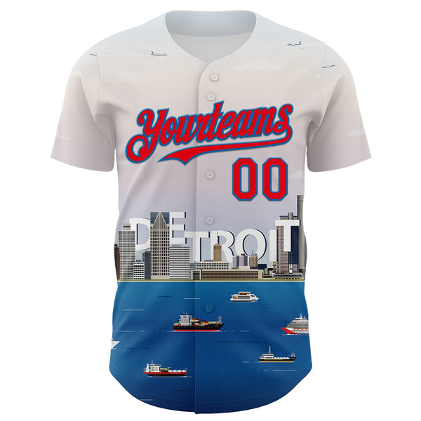 Custom White Fire Red-Blue 3D Pattern Design Detroit Cityscape Skyline Authentic Baseball Jersey alternate